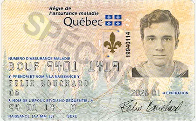 Sample Quebec Health ID card showing non-colored tactile engravings